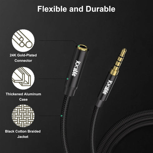 3.5mm Headphone Extension Cable 25FT, 4 Pole TRRS 1/8 inch Male to Female Stereo Audio Cord, Nylon Braided, Microphone Compatible, for Headphone, iPad, Smartphone, Media Players, Tablet- Black