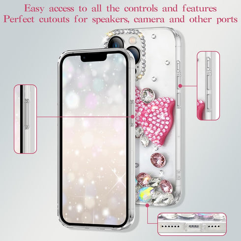 iPhone 15 Case - Pink Bling Diamond Glitter Rhinestone, 3D Bowknot, Cute Sparkly Gem, Luxury Fashion, Clear Protective.
