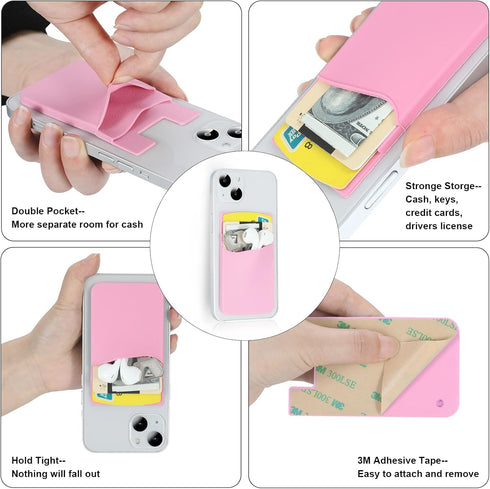 2Pack Phone Wallet, Silicone Credit Card Holder Stick on Double Pocket for Back of Cell Phone Case (Sky Blue, Pink)