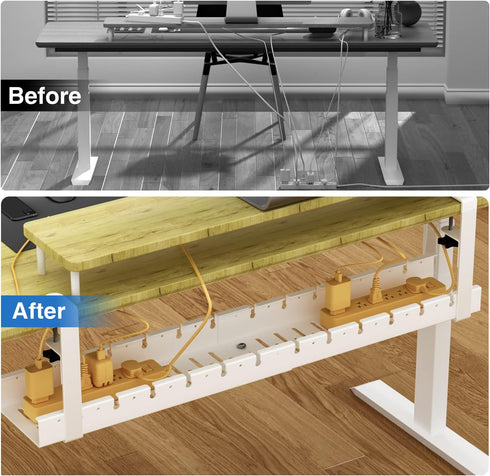 No Drilling Extendable Under Desk Cable Management Tray with Clamp, Retractable Power Strip Holder 31Inch (White)