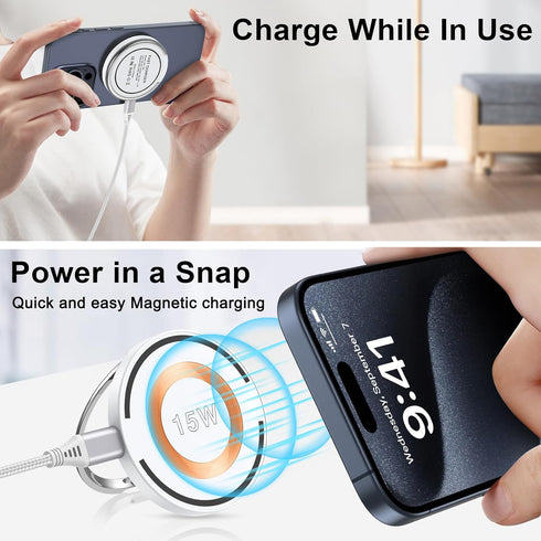 iPhone Magnetic Mag Wireless Charger Adapter - Car Fast Charging Compatible for iPhone 15 Plus/15