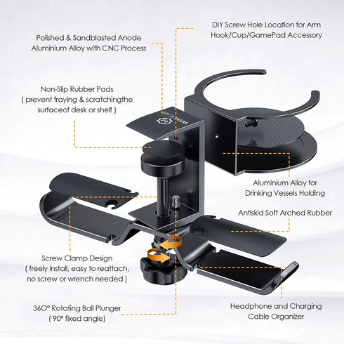 WixGear 2 in 1 Headphone Stand, PC Gaming Headset Cup Holder with Cable Organizer, 360° Adjustable Arm Clamp