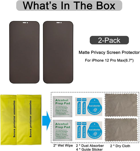 iPhone 12 Pro Max 6.7" Matte Privacy Screen Protector 2 Pack, Anti-Spy, Scratch Resistant, Tempered Glass, Full Coverage
