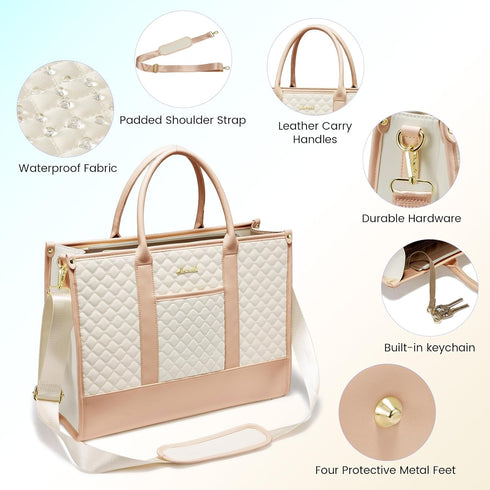 LOVEVOOK 17 Inch Laptop Bags for Women, Waterproof Work Tote Bag with Clutch, Quilted Beige & Brown