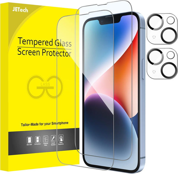 JETech 2-Pack Full Coverage Tempered Glass Screen Protector for iPhone 14 6.1" with HD Clear Camera Lens Protector.