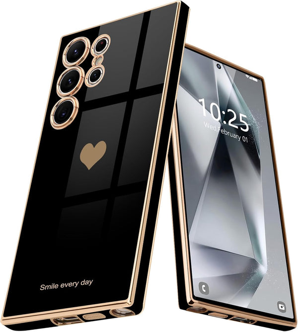 Teageo Black Case for Samsung Galaxy S24 Ultra 5G, Cute Love-Heart Luxury Soft Back Cover with Full Camera Protection