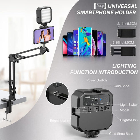 Overhead Phone Mount, Articulating Arm Cell Phone Holder with LED Light, Flexible Phone Stand for Live Streaming, Video