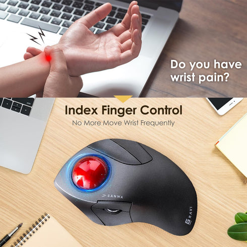 SANWA Bluetooth 5.1 Wireless Ergonomic Trackball Mouse, Finger Control Roller Ball, 3 Device Switch, Silent Programmable