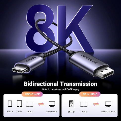 UGREEN USB C to DisplayPort 1.4 Cable, 8K@60Hz 4K@240Hz, DisplayPort to USB C Thunderbolt 4 Cord, Alu Braided,