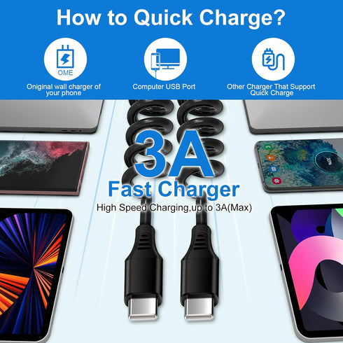 iPhone 15 Pro Max Charger Cable 3FT for Car, Coiled USB C to USB C Fast Power Charging Cord Short Android Phone Wire for Samsung Galaxy A15 A25 5G A14 A54 S24 S23 Ultra FE A13 A53,iPhone 15, Pixel 8