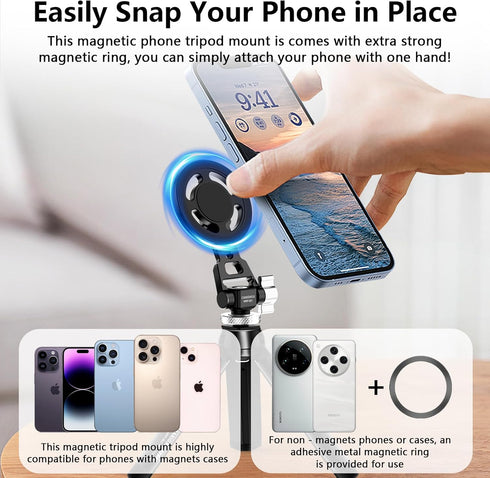 CAMEDAFLX Aluminum Magnetic Stand Mount with Cold Shoe Mount for iPhone,Adjustable Rotable Cellphone Tripod Stand
