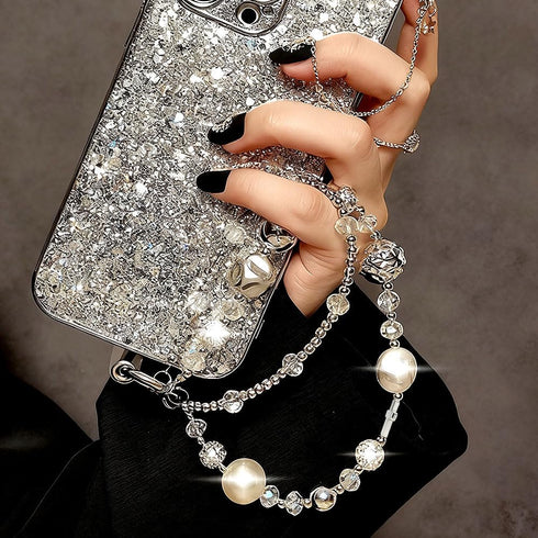 RUIYDZ Luxury Pearl Phone Wrist Strap Crystal Diamond Beaded Keychain Wristlet for Phone Chain Wristlet Glitter