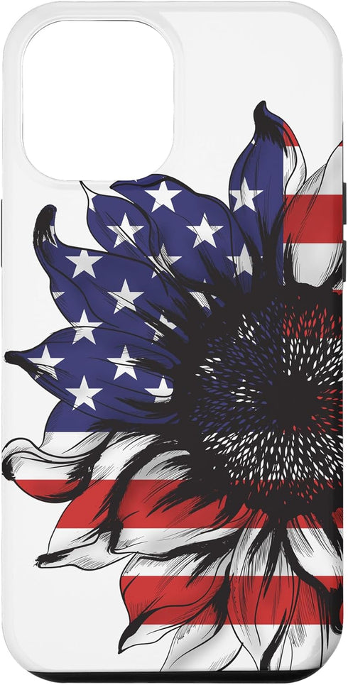 Sunflower American Flag Phone Case for iPhone 15 Pro Max - Patriotic Gifts for Women