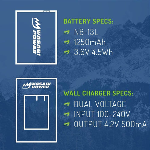 Wasabi Power NB-13L Battery (2-Pack) and Charger for Canon PowerShot G1 X, G5 X, G7 X, SX620 HS, SX740 HS