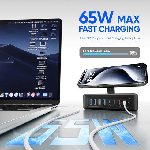Acozvin 200W 11-in-1 2AC 8USB 5ft USB Charging Station, USB C Power Strip Surge Protector, Outlets & Ports, Flat Plug