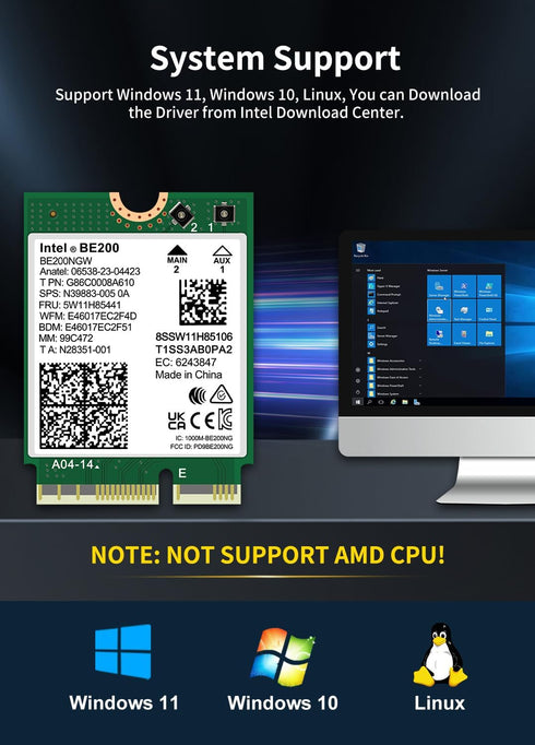 WiFi 7 Wireless Card Intel BE200 NGW, Bluetooth 5.4, 5800Mbps M.2/NGFF Network Support Windows 10/11 (64bit), Linux,