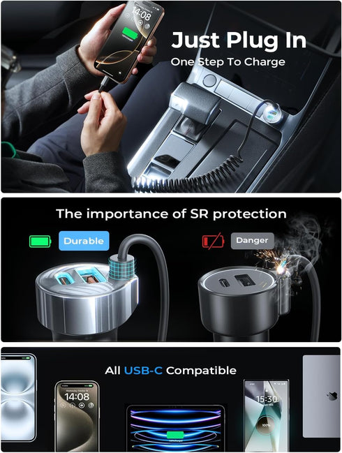 LISEN 65W USB C Car Charger, Fast Charging Adapter for iPhone 15/15 Pro Max, PD & QC3.0 Type C Car Charger