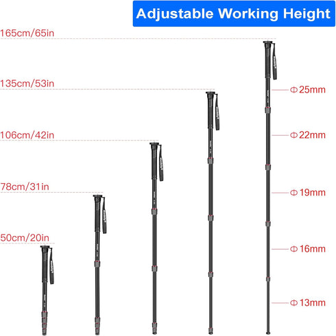 Manbily 65-Inch Camera Monopod, 5 Sections Aluminum Travel Monopod for Canon Nikon Sony DSLR Cameras, Video Camcorder,