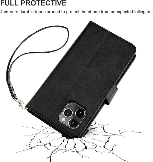 Bocasal iPhone 12 & 12 Pro Wallet Case, PU Leather Kickstand with Card Holder, Shockproof Flip Cover (Black)