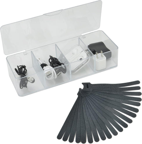 Electronics Organizer Clear Acrylic Cable Storage Bin Box, 4 Sections with 20 PCS Reusable Fastening Ties