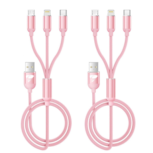 Aioneus Multi Charging Cable, 2Pack 4FT 3 in 1 Charging Cord with Type-C, Micro USB Connectors (Pink)