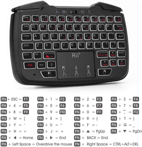 Rii RK707 Backlit 3 in 1 Wireless Game Controller, 62-Key Rechargeable Keyboard Mouse Combo for PC/Raspberry Pi/Android