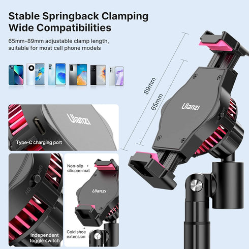 ULANZI SK-06 Cell Phone Stand with Cooler, Desktop Live Streaming Solution with Phone Cooling Fan, Adjustable Height