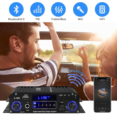 Stereo Audio Amplifier S-288 - 4.0CH Bluetooth 5.0 HiFi Mini Amplifier Receiver RMS 40Wx4, Max 600W, USB, FM, Adapter