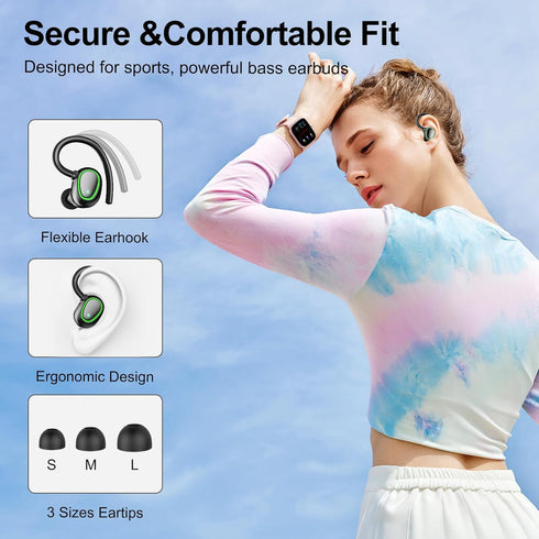 Bluetooth Wireless Headphones with 60hrs Playback, IPX6 Waterproof, Stereo Bass, Earhooks, LED Display