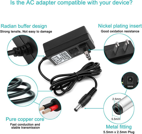 18V DC Adapter Charger Compatible for Altec Lansing mix 2.0 Rockbox XL IMW999, Bluetooth Speakers, Brookstone Big Blue