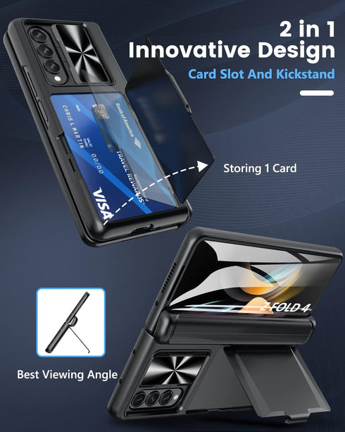 Viaotaily Samsung Galaxy Z Fold 4 Case, Durable Phone Case with Card Holder, Hinge Protection & Screen Protector (Black)