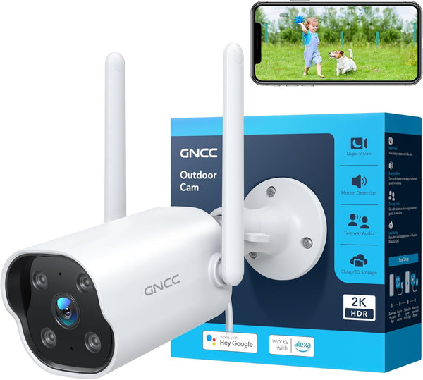 GNCC Outdoor Camera, 2K Cameras for Home Security Outside, Motion Detection, Night Vision, 24/7 Recording, 2 Way Audio