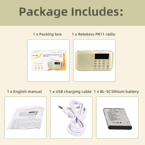 Retekess PR11 Portable AM FM Radio, Rechargeable Transistor Radio with Headphone Jack and MP3 Support (Gold)