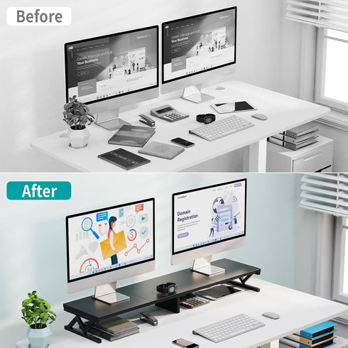 Dual Monitor Stand Riser, Large Wood Monitor Riser for 2 Monitors with Storage, Sturdy Wood & Steel Desktop Organizer