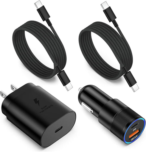 Excgood Fast Charging Type C Car Charger Kit, 25W USB C Wall Adapter for Galaxy S24 Ultra, 2X 6ft Braided Cables