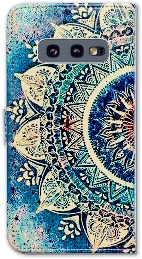 Case for Galaxy S10e, Green Circular Mandala Wallet Flip Folio Leather Cover with Credit Card Holder for Samsung