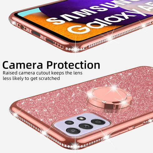 Samsung Galaxy A52 5G Case by nancheng, Cute Slim TPU Silicone with Kickstand, Bling Diamond Ring & Strap (Rose Gold)