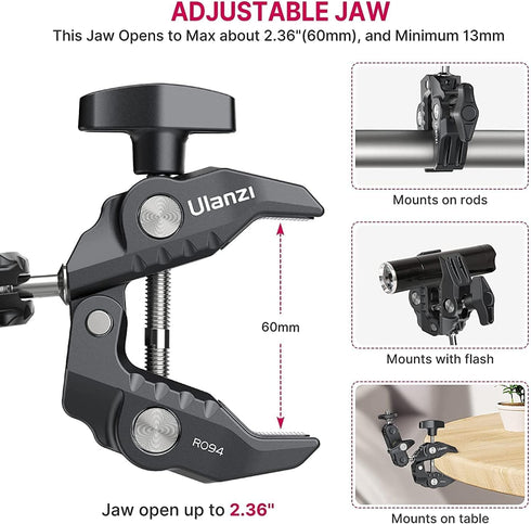 ULANZI Super Clamp Camera Mount with 360° Ballhead Magic Arm, 1/4"-20 & 3/8"-16 Thread for Canon Nikon DSLR/Gopro