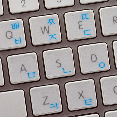 Korean Apple Keyboard Sticker with Blue Lettering on Transparent Background