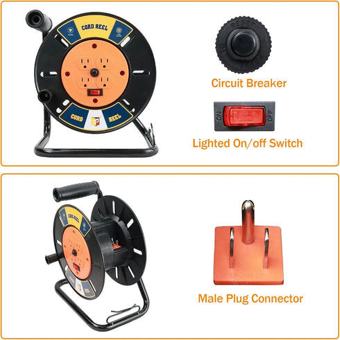 EP Extension Cord Storage Reel with 4-Grounded Outlets, Heavy Duty Open Cord Reel for Power Cords
