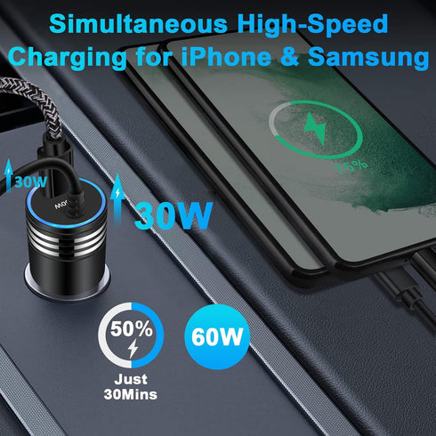 60W Super Fast Charging Android Car Charger Type C Rapid Samsung Car Charger with 3ft Built-in USB C Cable for Samsung Galaxy S24 Ultra S23 FE S22 S21 S20 Note 20 A15 A54 A14 A53 A23 A13 A03S A12 A32