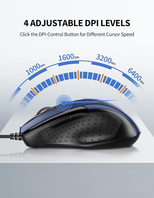 TECKNET 6-Button 4 5FT USB Wired Mouse, Corded Computer Mouse with Adjustable DPI, Optical Computer Mice with Ergonomic