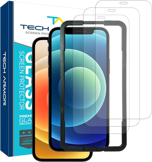 Tech Armor Ballistic Glass Screen Protector for iPhone 12 & 12 Pro, 3 Pack Tempered Glass, Case Friendly
