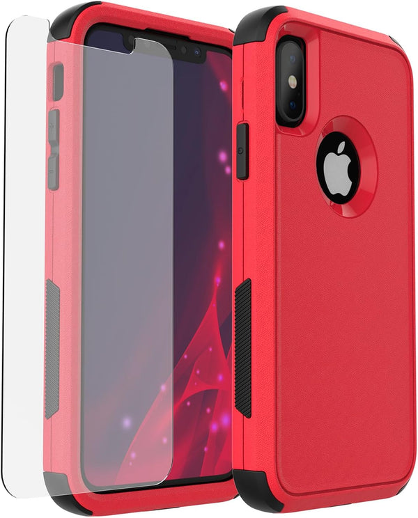 Heavy Duty Drop Protection Case for iPhone XR, 3-Layers Rugged Case with Tempered Glass Screen Protector
