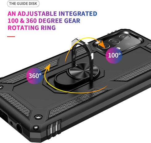 Military Grade Drop Impact Case for Samsung Galaxy A52 5G, 360 Metal Rotating Ring Kickstand Holder Armor Cover (Black)