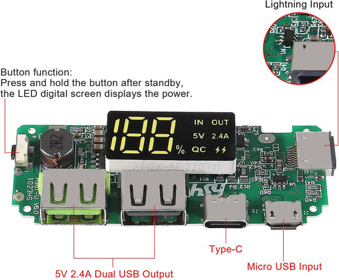 3pcs Lithium Battery Charger Board with LED Dual USB 5V 2.4A Micro/Type-C Mobile Power Bank Charging Module Circuit