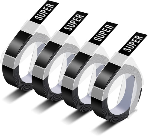 4 Pack Compatible Dymo 3D Plastic Embossing Labels 1741670, White on Black Embossing Tape