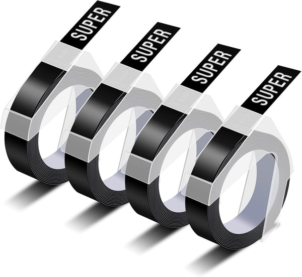 4 Pack Compatible Dymo 3D Plastic Embossing Labels 1741670, White on Black Embossing Tape