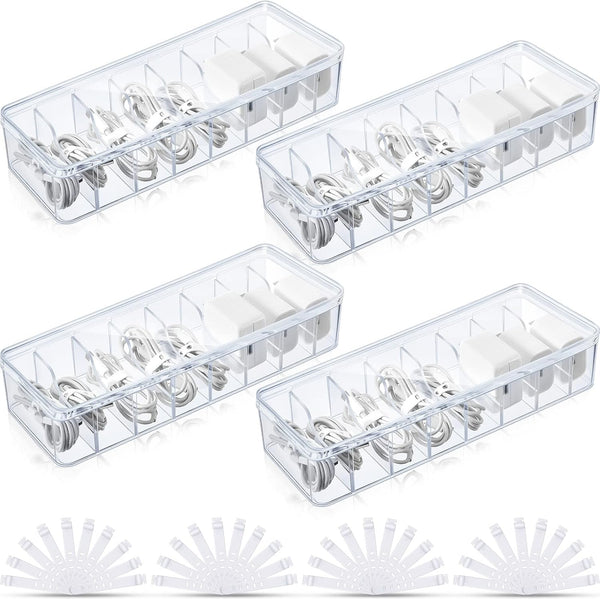 Tatuo 4 Pcs Cable Organizer Box with Wire Ties, Plastic Cord Storage Box with Lid for Home Office Desk Organizers and