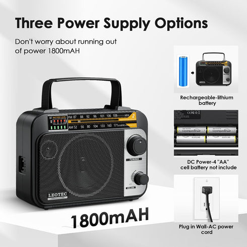 LEOTEC AM FM Radio with Bluetooth - Portable Vintage Transistor Radio, Rechargeable Battery/4 AA Cell Battery